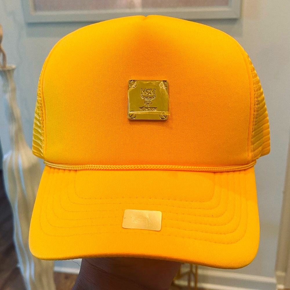 MCM Trucker Hat Apricot Yellow With Leather Strap